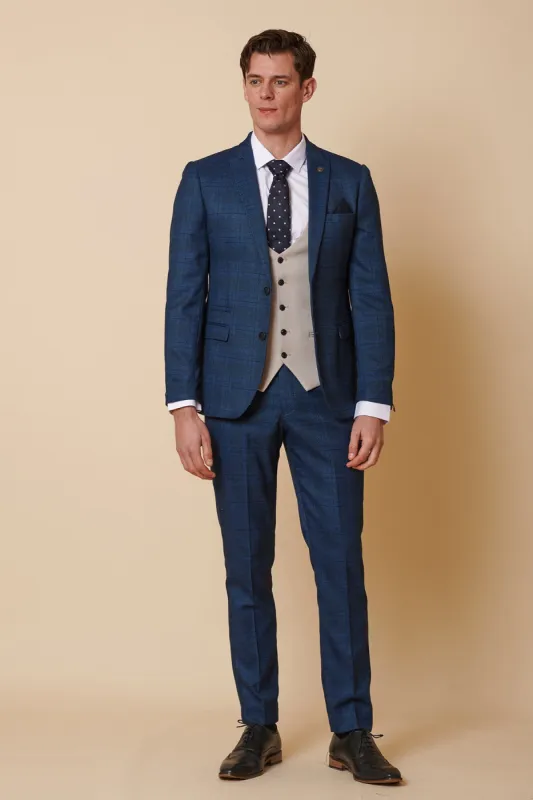 JERRY - Blue Check Suit With Kelvin Stone Waistcoat sold by Marc Darcy