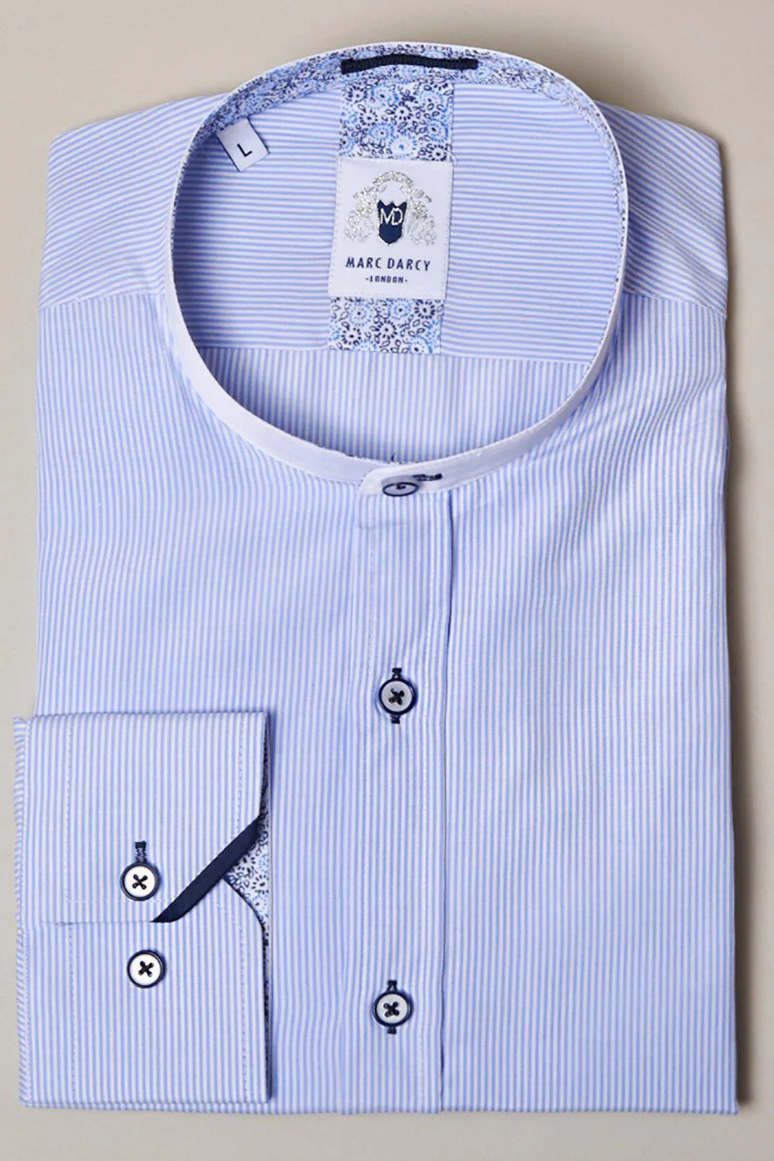 COOPER - Grandad Collar Sky Blue Stripe Shirt sold by Marc Darcy