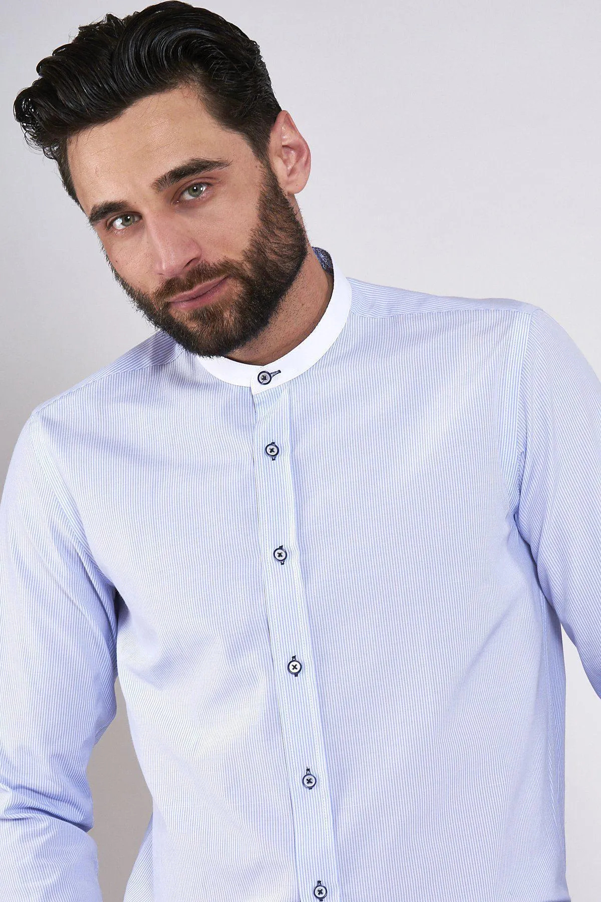 COOPER - Grandad Collar Sky Blue Stripe Shirt sold by Marc Darcy product image thumbnail 3