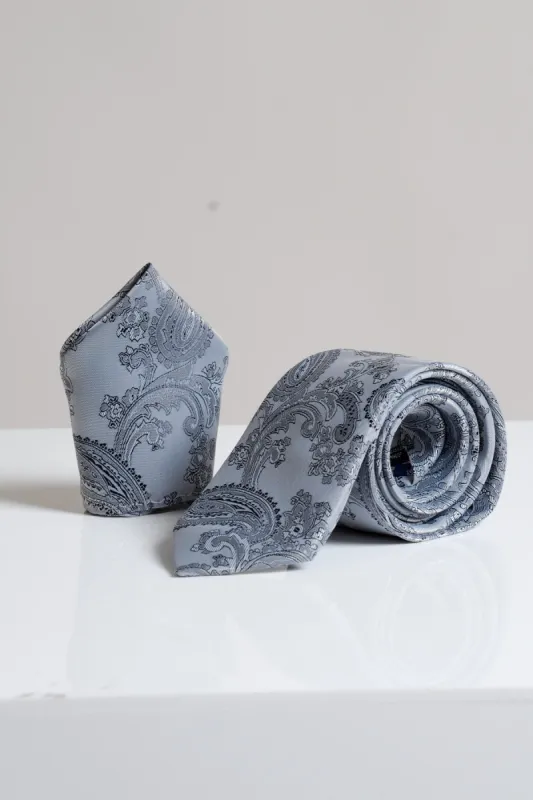 MD PAISLEY - Grey Paisley Tie and Pocket Square Set sold by Marc Darcy