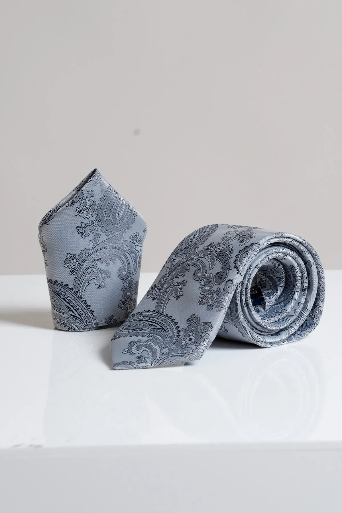 MD PAISLEY - Grey Paisley Tie and Pocket Square Set sold by Marc Darcy