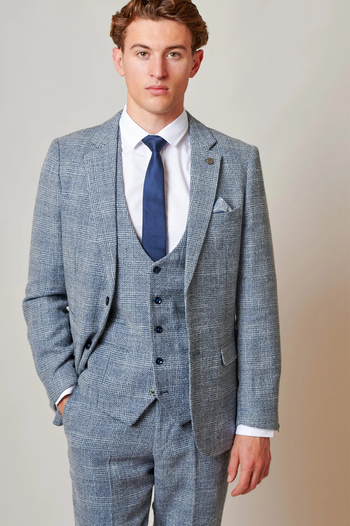The Everton Collection | Tim Iroegbunam In KRIS Sky Blue Tweed Suit sold by Marc Darcy product image thumbnail 5