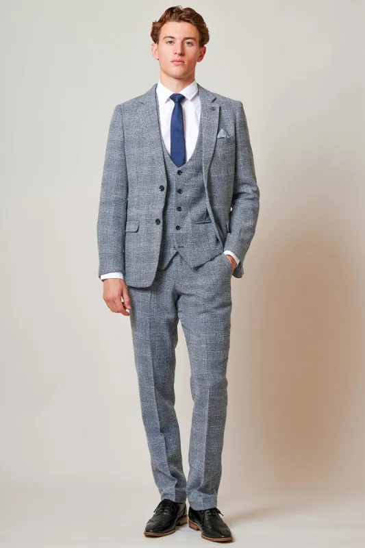 The Everton Collection | Tim Iroegbunam In KRIS Sky Blue Tweed Suit sold by Marc Darcy