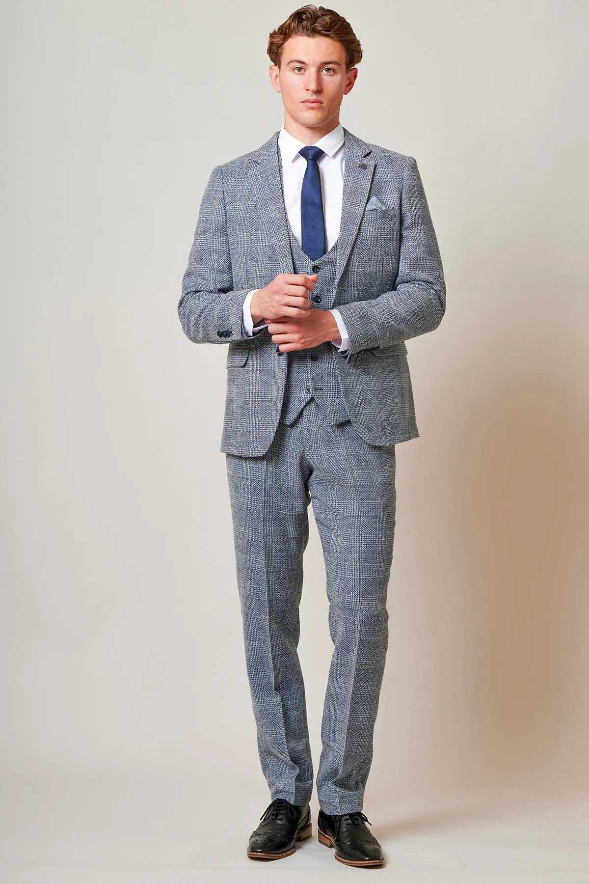 The Everton Collection | Tim Iroegbunam In KRIS Sky Blue Tweed Suit sold by Marc Darcy product image thumbnail 4