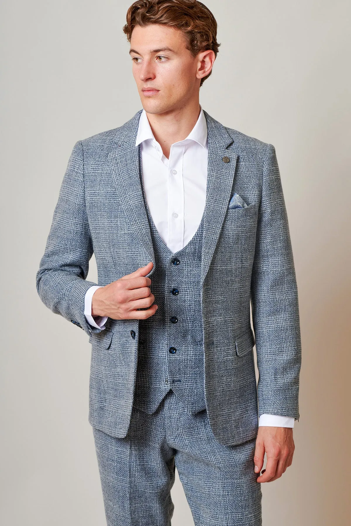 The Everton Collection | Tim Iroegbunam In KRIS Sky Blue Tweed Suit sold by Marc Darcy product image thumbnail 3