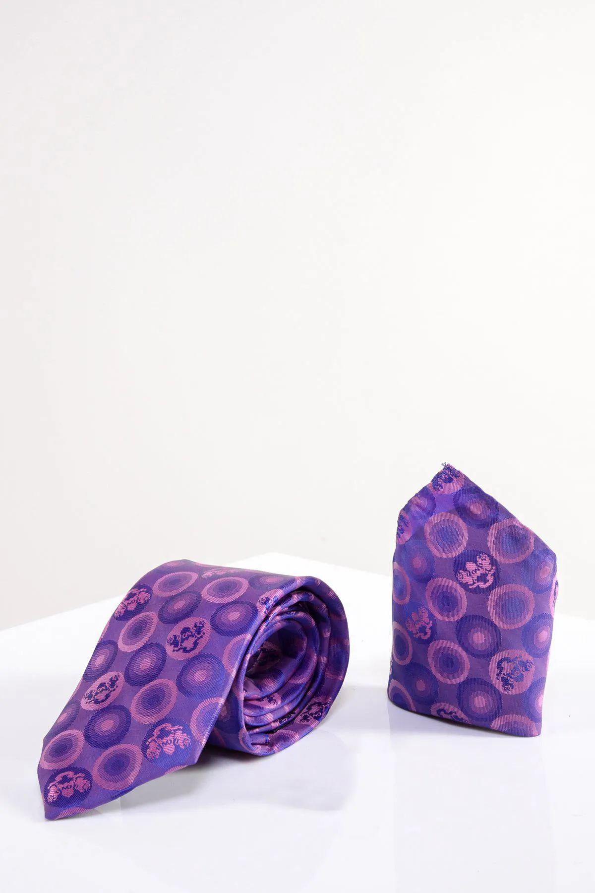 BUBBLES - Purple Bubble Circle Print Tie & Pocket Square sold by Marc Darcy