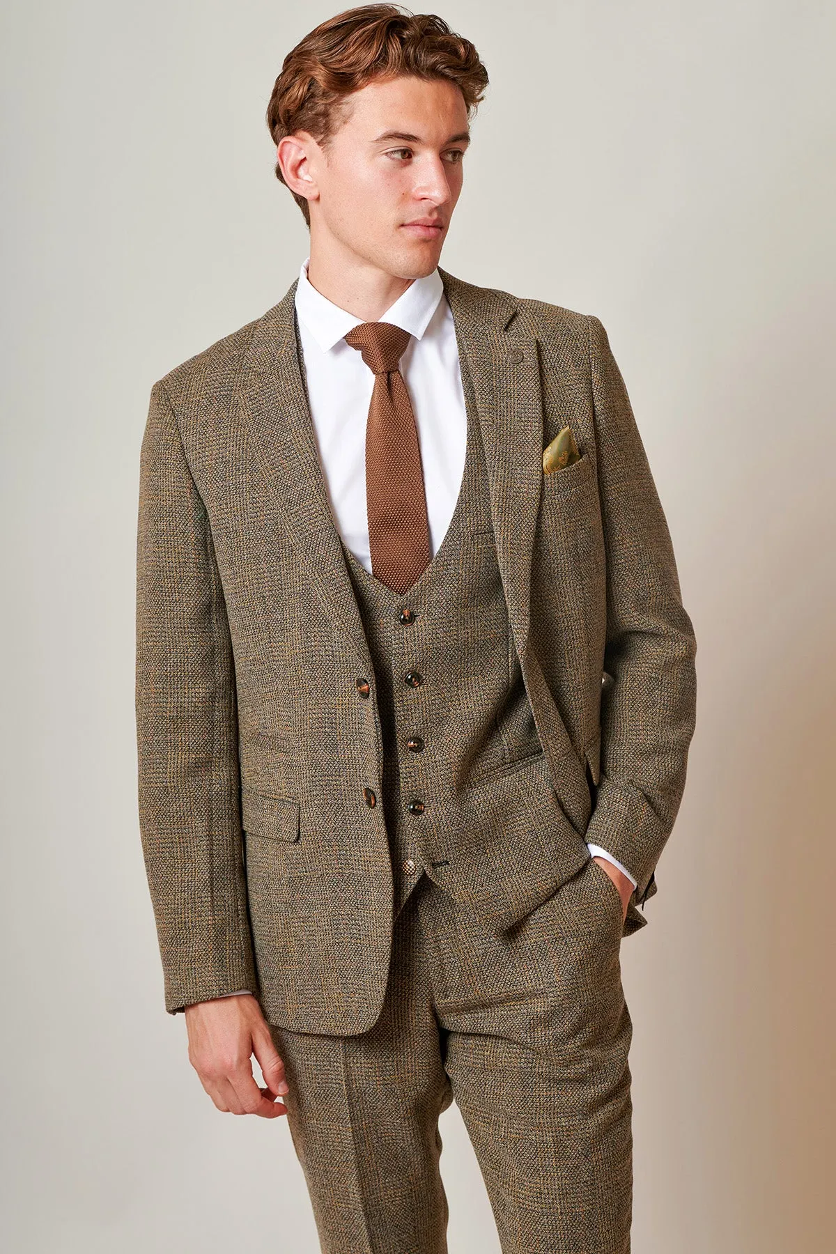 The WHU Collection - KRIS Tan Tweed Three Piece Suit As Worn By Carlos Soler sold by Marc Darcy product image thumbnail 5