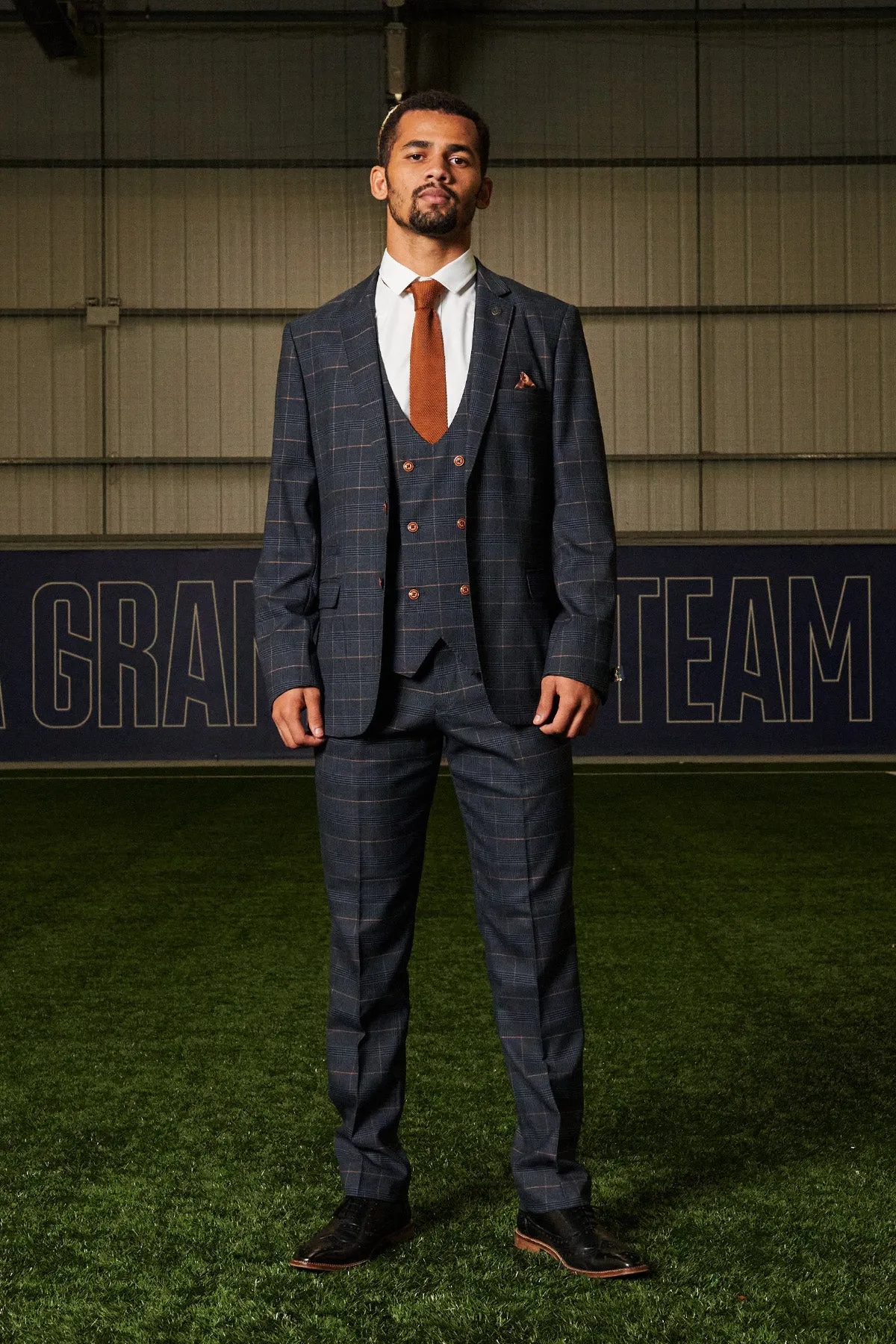 The Everton Collection | Iliman Ndiaye In JENSON Marine Navy Check Suit sold by Marc Darcy