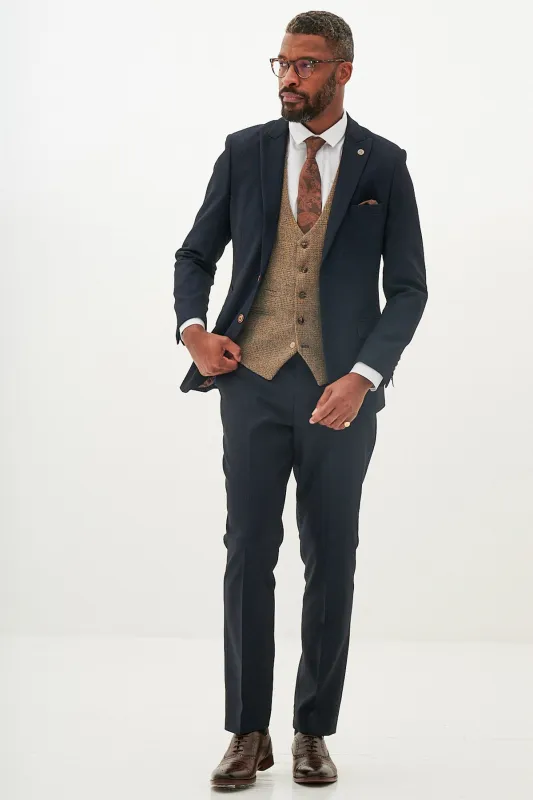 MAX - Navy Suit with Kris Tan Tweed Waistcoat sold by Marc Darcy