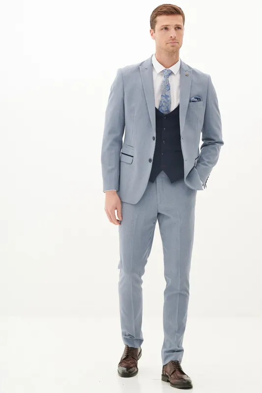 BROMLEY - Sky Check Suit with Kelvin Navy Waistcoat sold by Marc Darcy