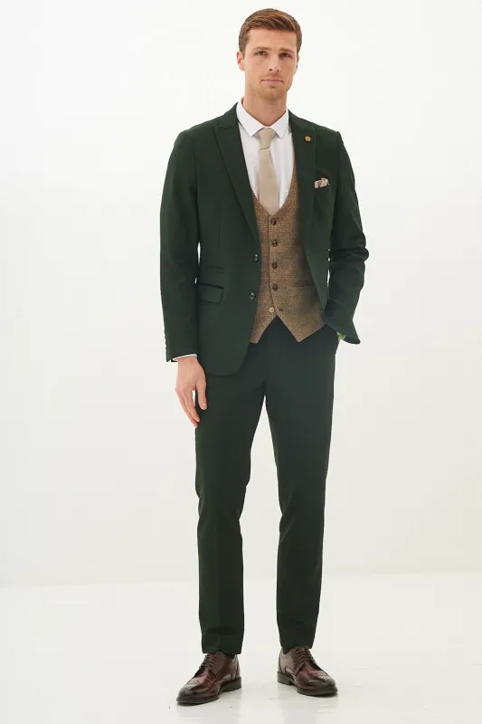 BROMLEY - Olive Green Check Suit With Kris Tan Tweed Waistcoat sold by Marc Darcy