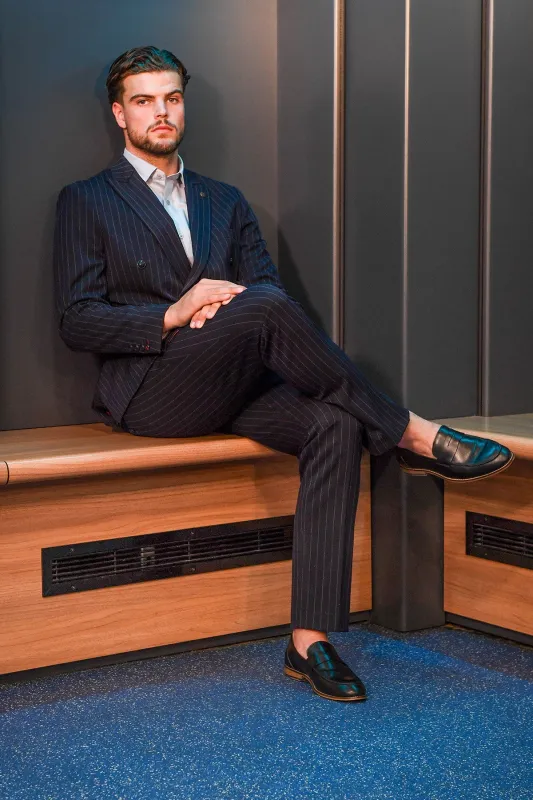 The Cardiff City F.C. Collection - ROCCO Navy Pinstripe Double Breasted Suit As Worn By Ollie Tanner sold by Marc Darcy