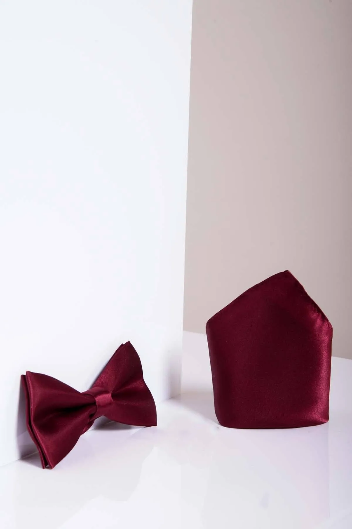 STANLEY - Satin Bow Tie and Pocket Square Set In Wine sold by Marc Darcy