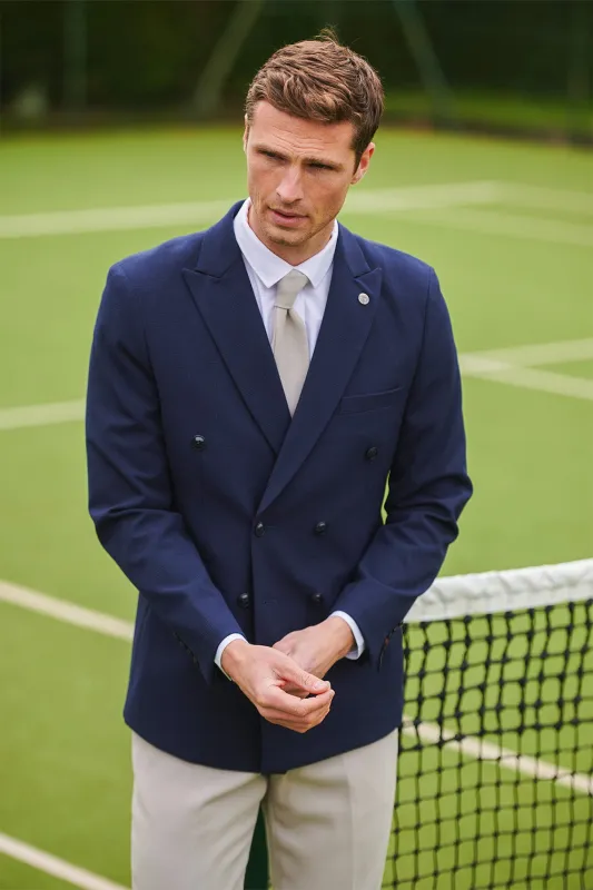 BROMLEY - Navy Double Breasted Blazer With HM5 Stone Trousers sold by Marc Darcy