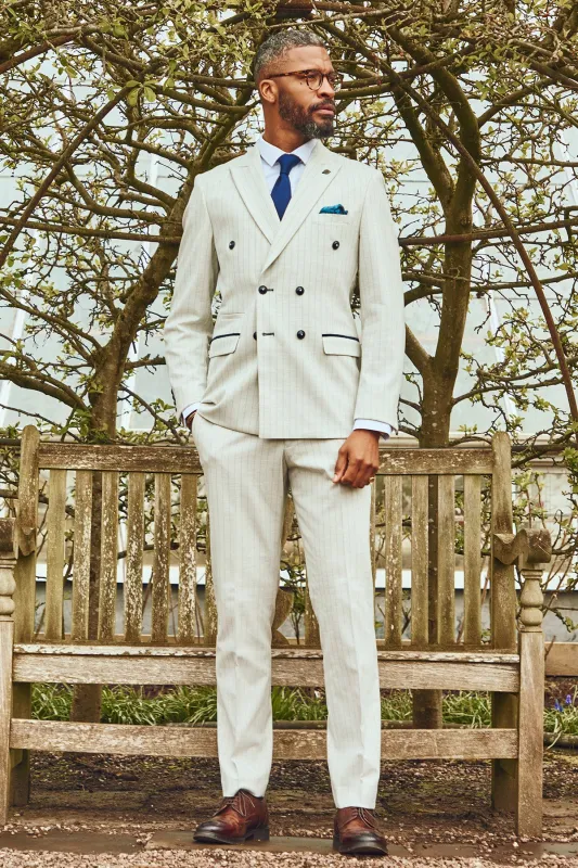 GRANT - Stone Pinstripe Double Breasted Suit sold by Marc Darcy