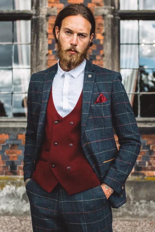 ETON - Navy Tweed Suit KELVIN Wine Waistcoat sold by Marc Darcy