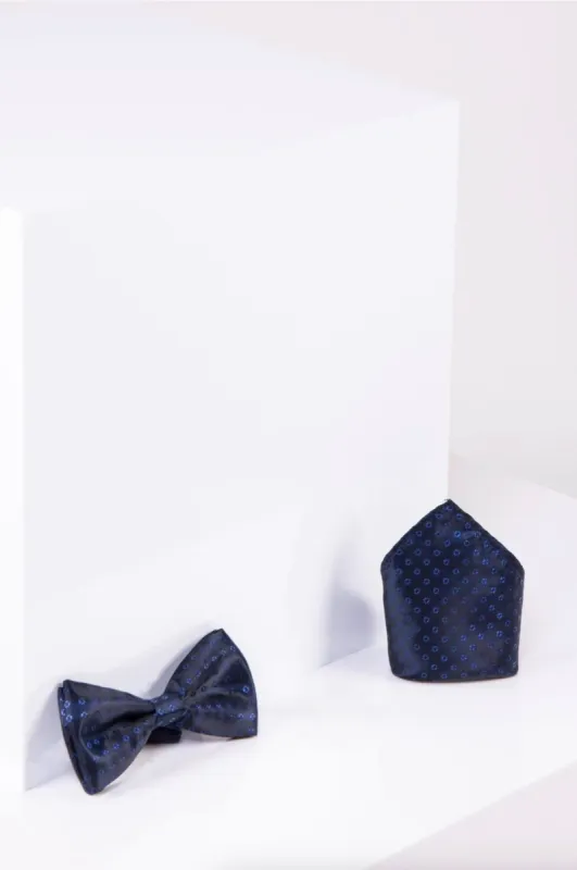 BT TUBES - Navy Spot Bow Tie and Pocket Square Set sold by Marc Darcy