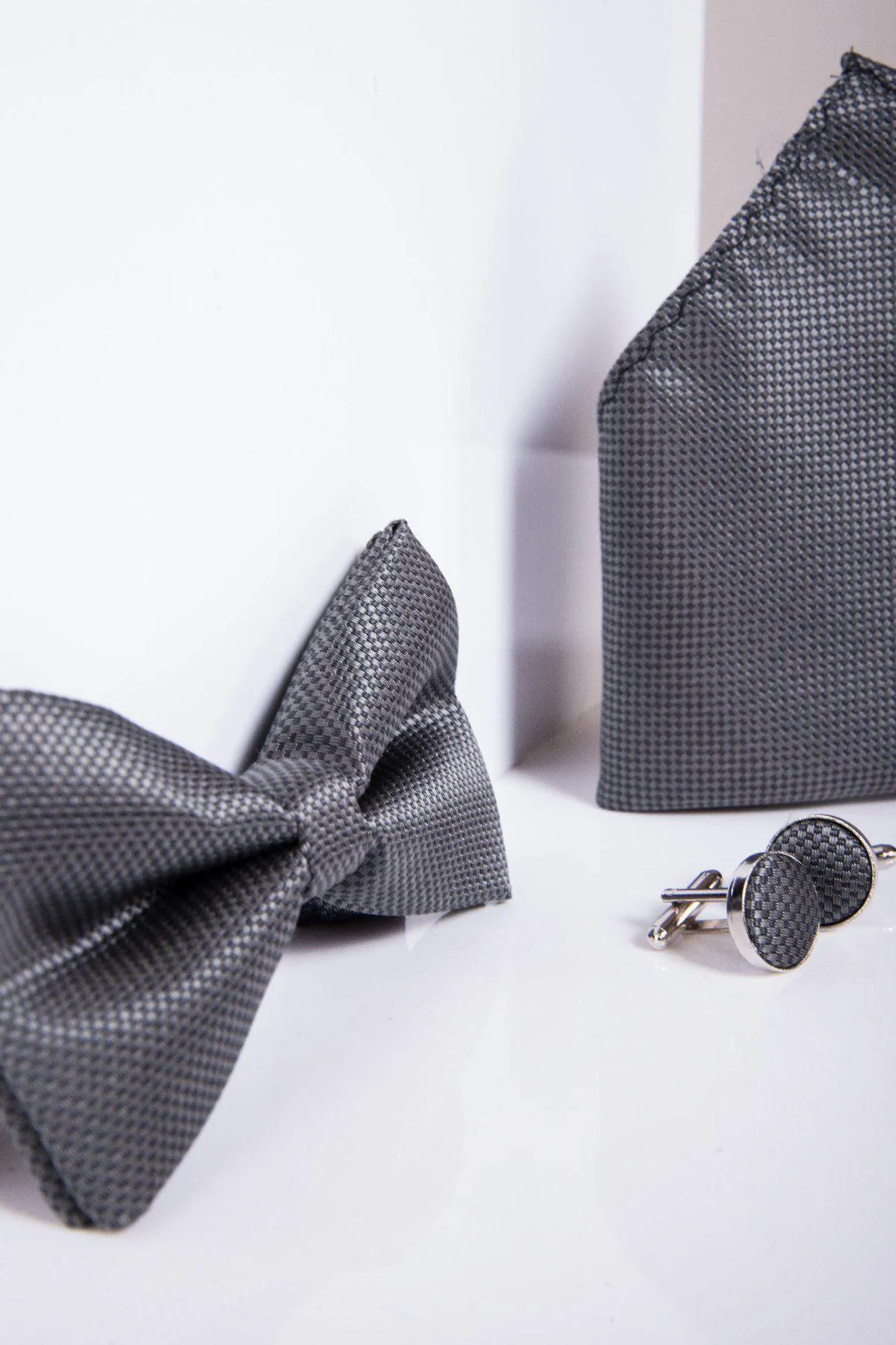 TB17 - Birdseye Print Bow Tie and Pocket Square Set In Charcoal sold by Marc Darcy product image thumbnail 2