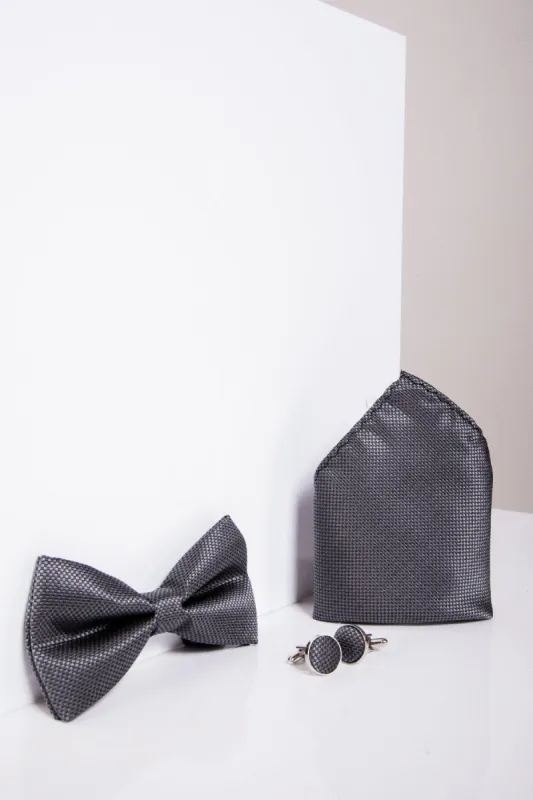 TB17 - Birdseye Print Bow Tie and Pocket Square Set In Charcoal sold by Marc Darcy