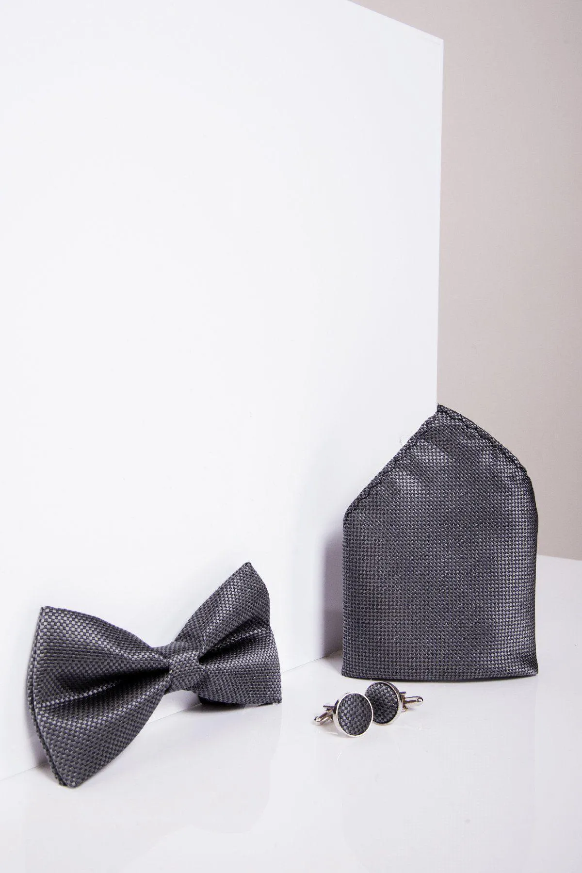 TB17 - Birdseye Print Bow Tie and Pocket Square Set In Charcoal sold by Marc Darcy