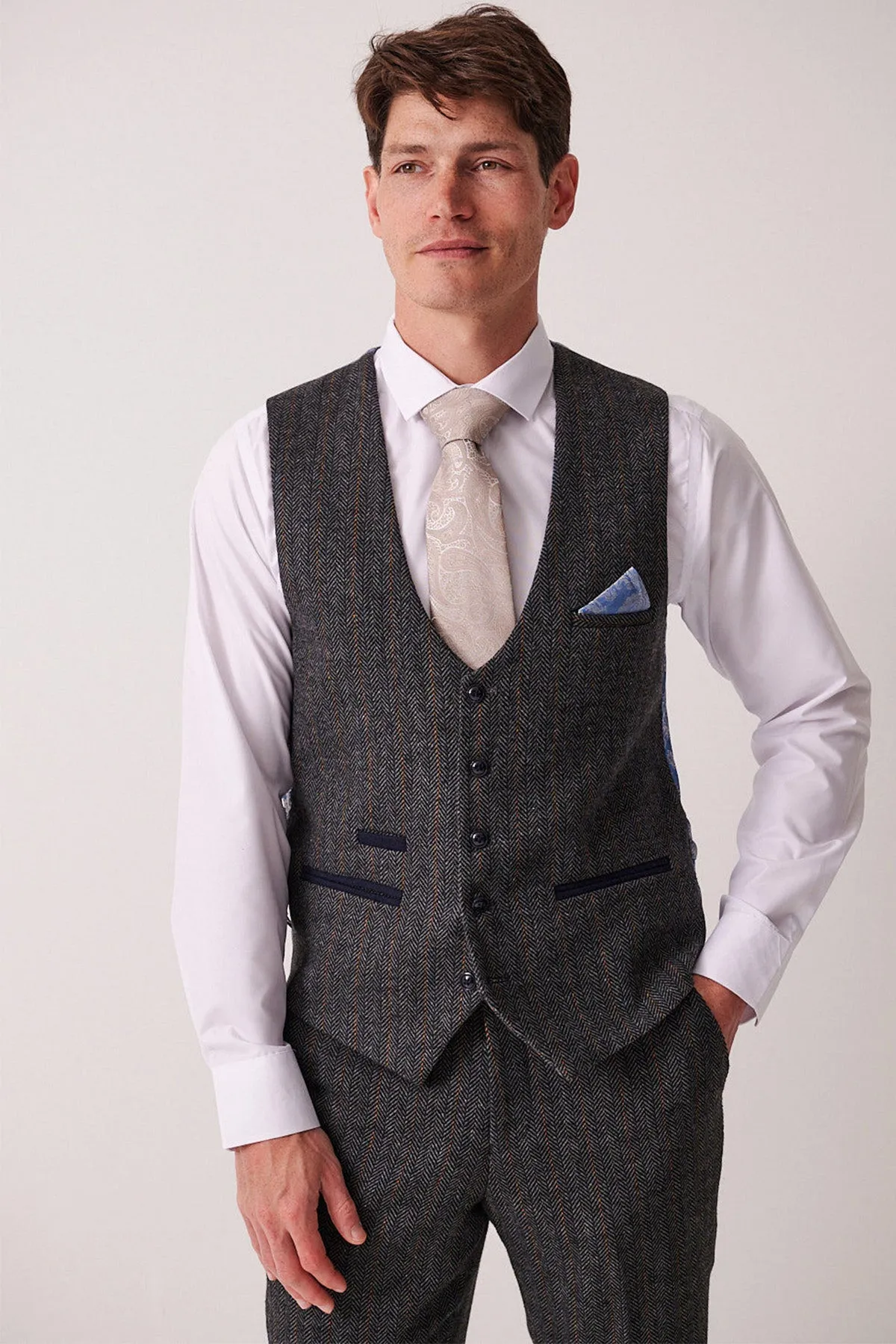 DOMINIC - Blue Grey Tweed Waistcoat sold by Marc Darcy product image thumbnail 3