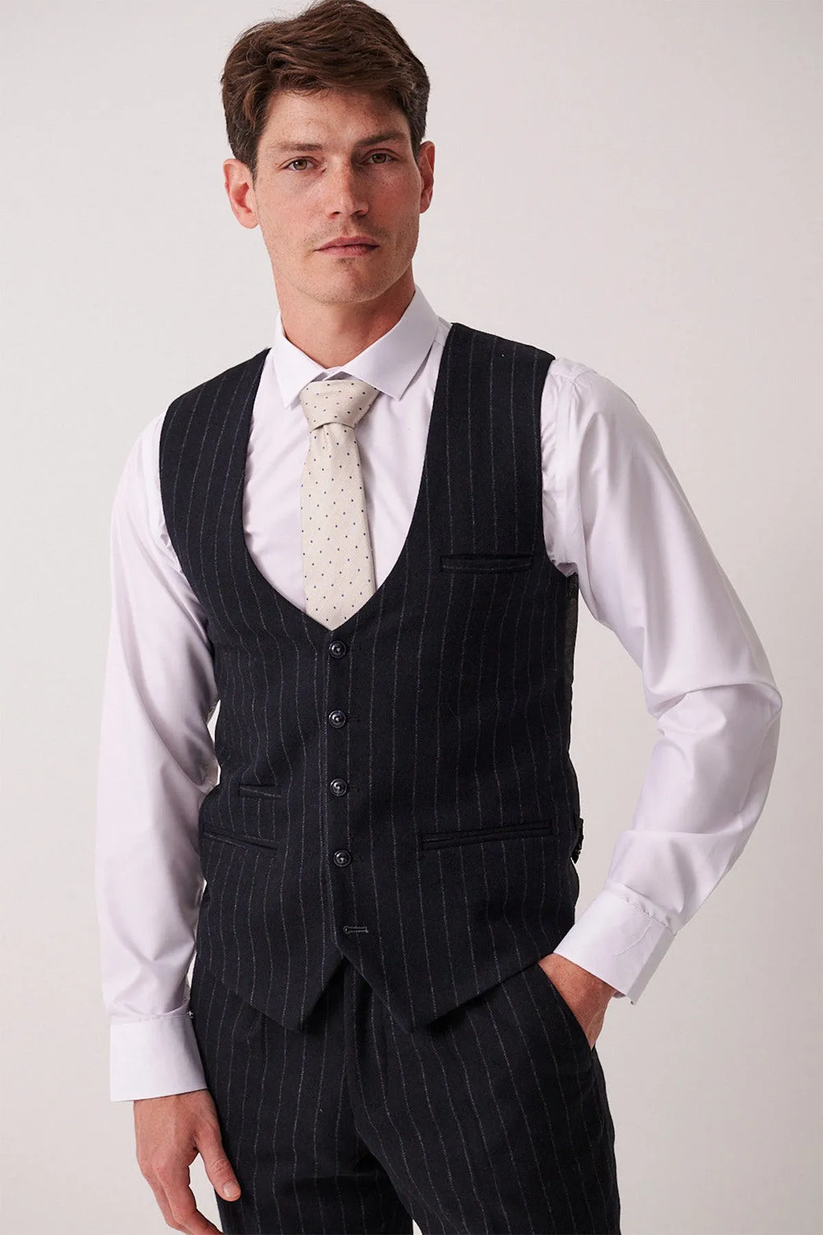 HANSON - Navy Tweed Pinstripe Waistcoat sold by Marc Darcy product image thumbnail 2