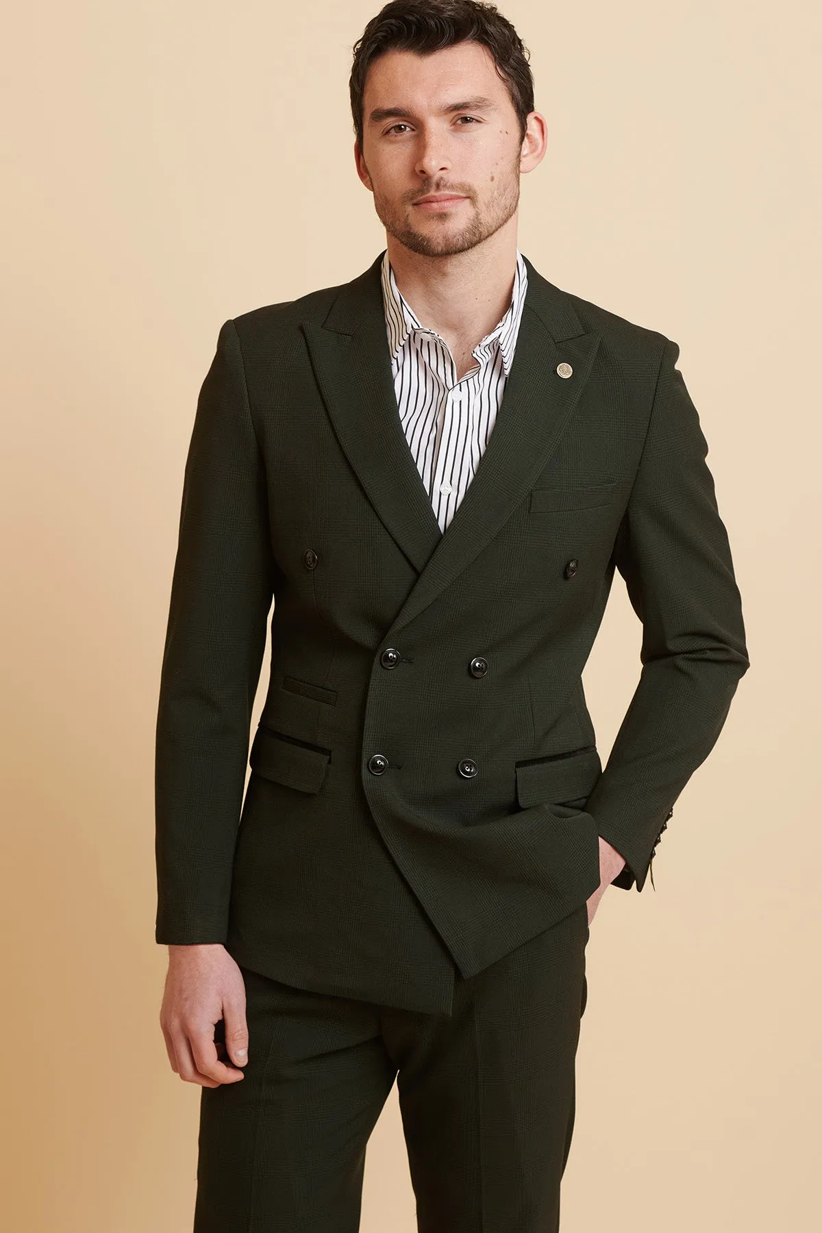 BROMLEY - Olive Green Double Breasted Check Blazer sold by Marc Darcy product image thumbnail 2