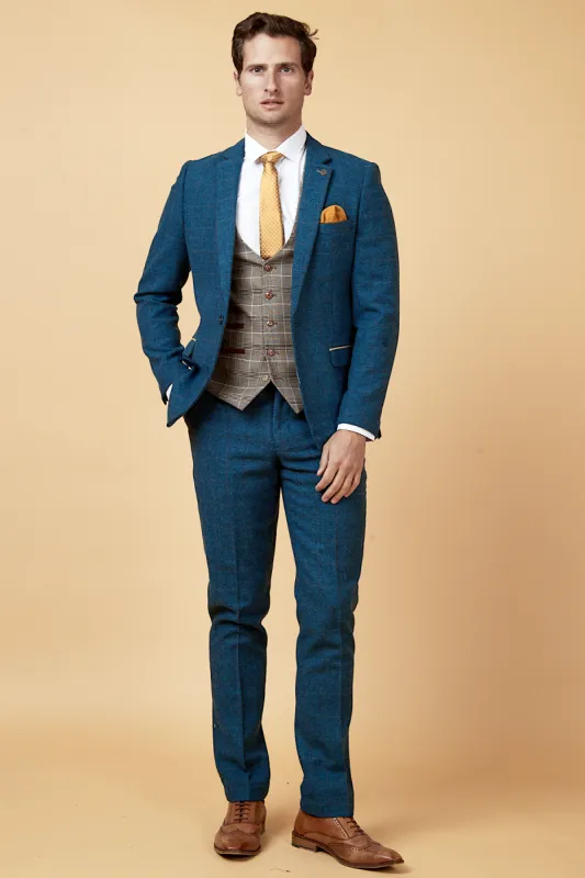 DION - Blue Tweed Suit With Ray Tan Check Waistcoat sold by Marc Darcy
