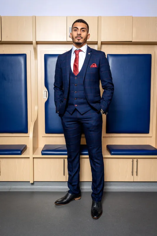 Edinson Navy Wine Check Suit As Worn By Karlan Grant sold by Marc Darcy