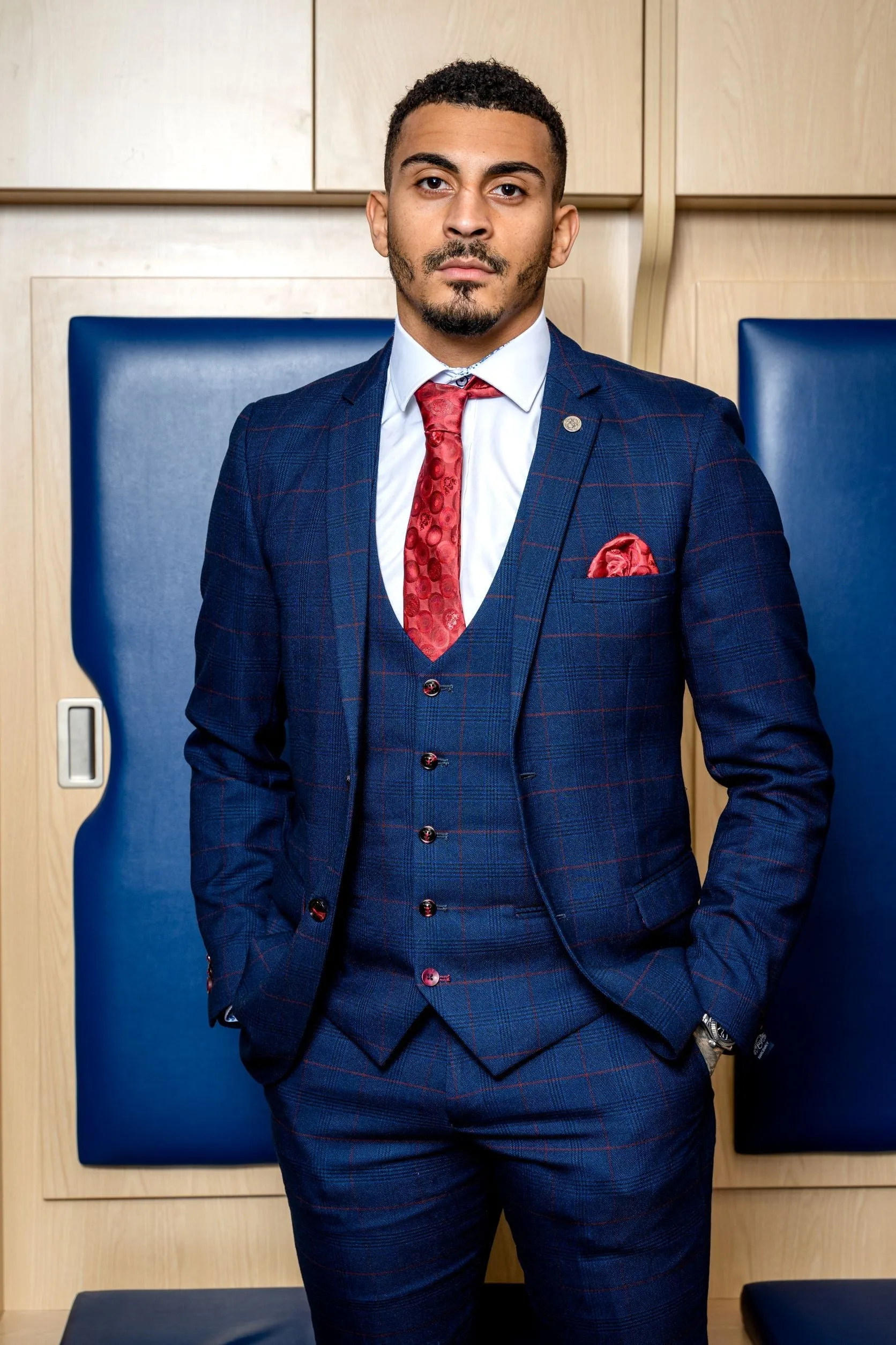 Edinson Navy Wine Check Suit As Worn By Karlan Grant sold by Marc Darcy product image thumbnail 5