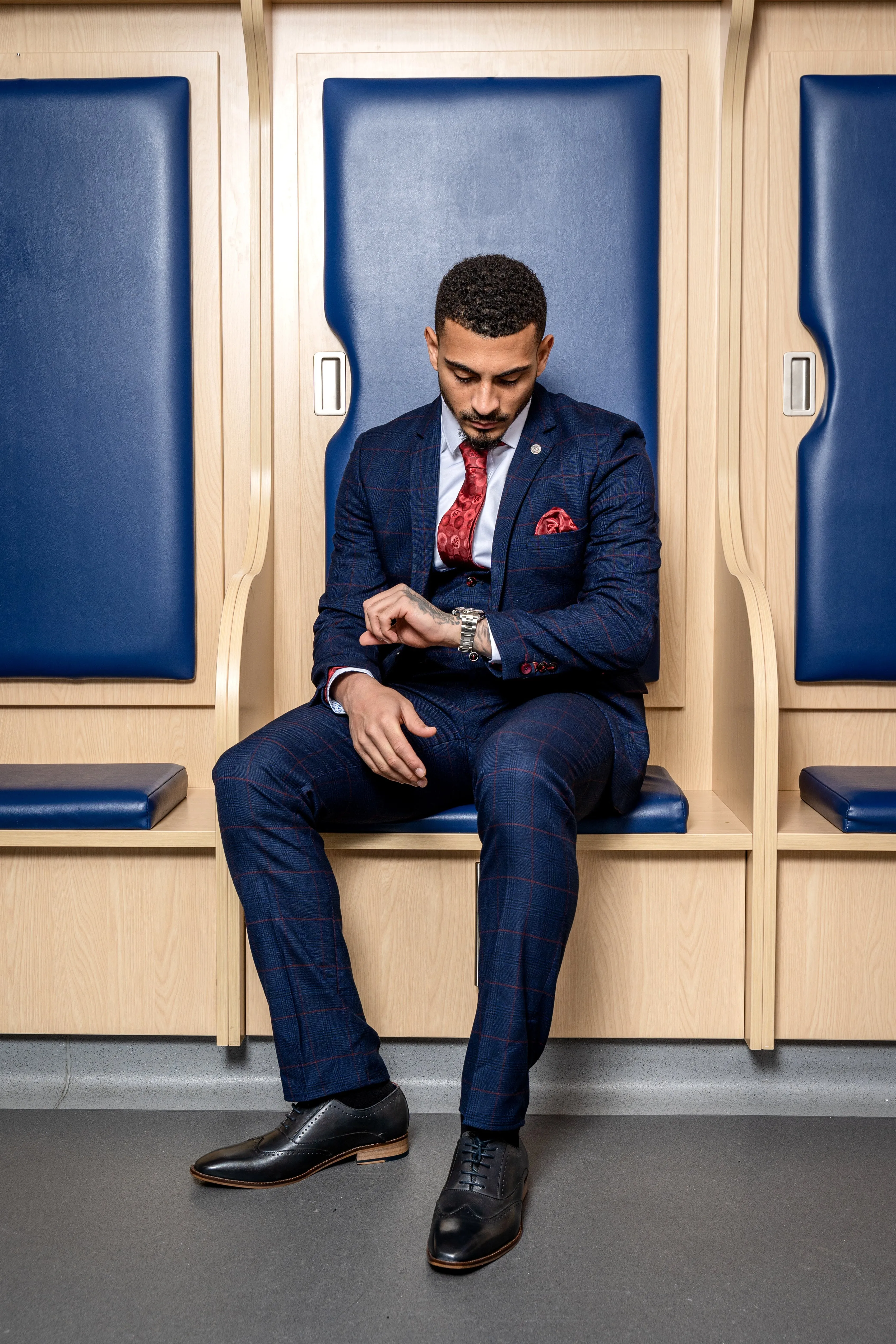 Edinson Navy Wine Check Suit As Worn By Karlan Grant sold by Marc Darcy product image thumbnail 4