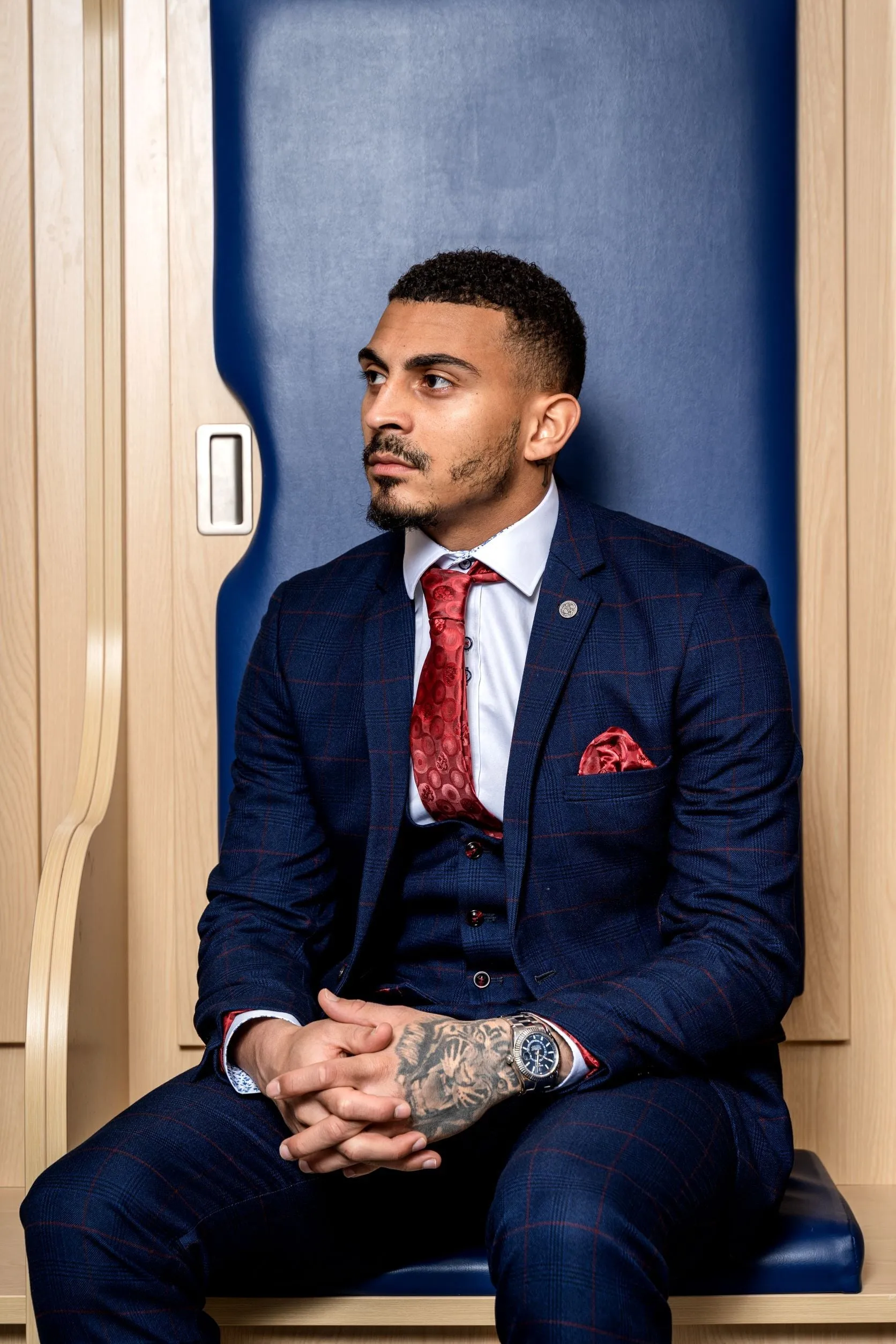 Edinson Navy Wine Check Suit As Worn By Karlan Grant sold by Marc Darcy product image thumbnail 2