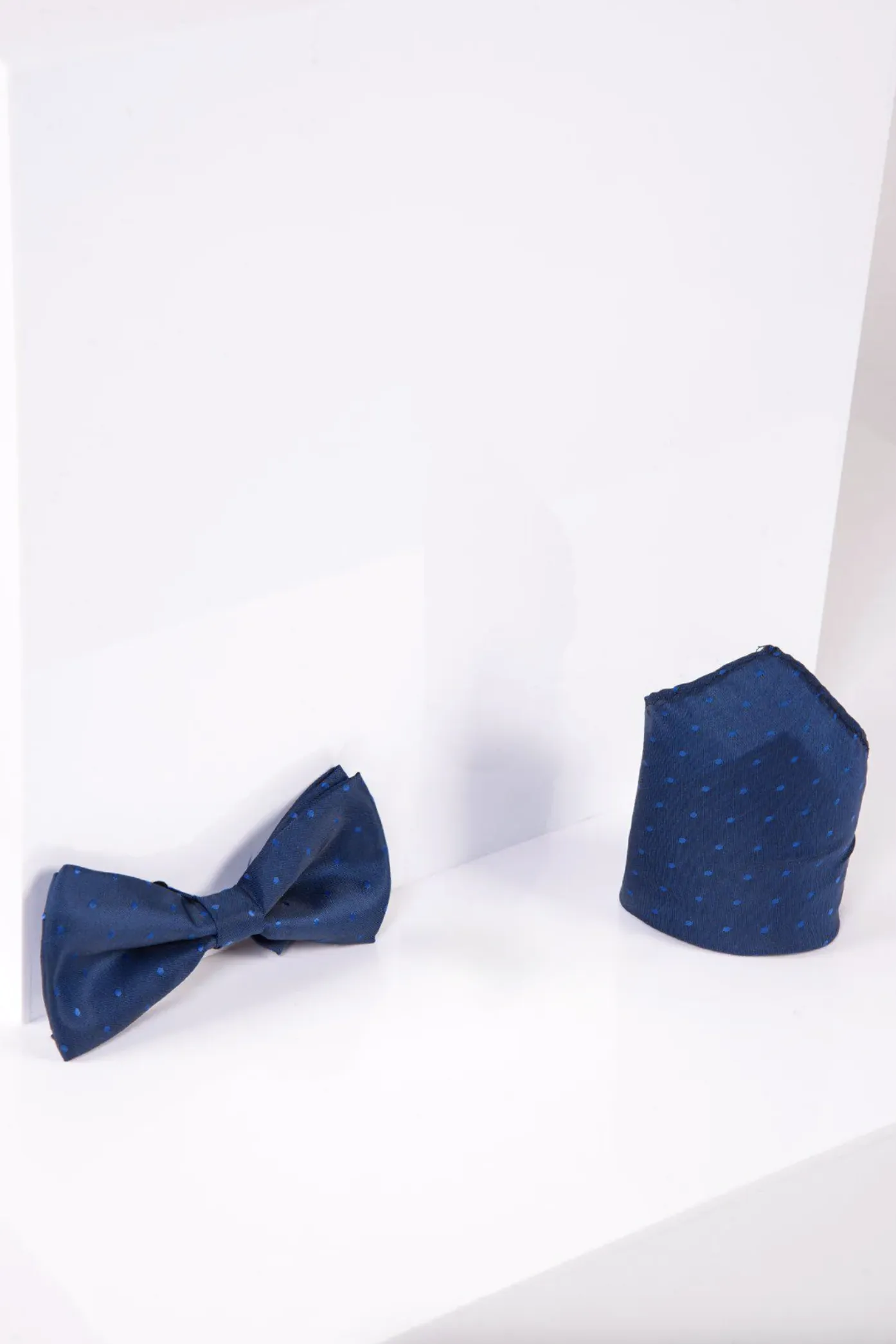 BT POLKA DOT - Blue Polka Dot Bow Tie and Pocket Square Set sold by Marc Darcy
