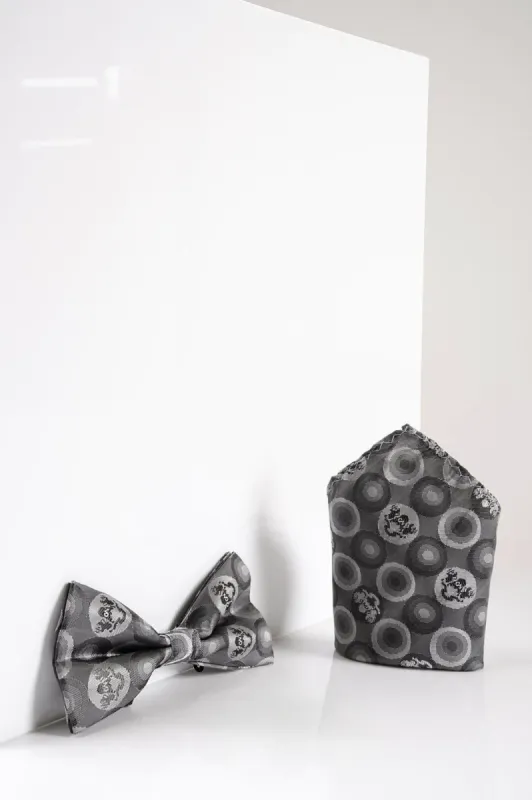 BUBBLES - Grey Bubble Circle Print Bow Tie and Pocket Square Set sold by Marc Darcy