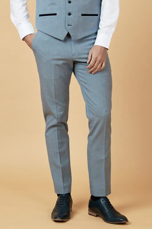 BROMLEY - Sky Blue Check Trousers sold by Marc Darcy