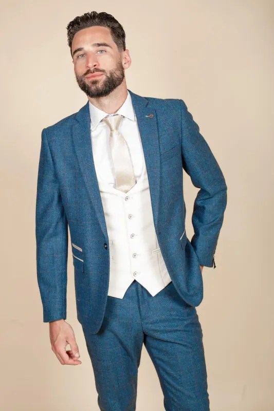 DION - Blue Tweed Check Suit With Kelvin Cream Waistcoat sold by Marc Darcy