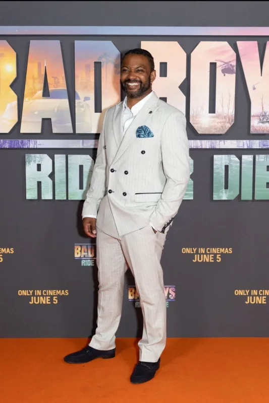 JLS Singer & Presenter JB Gill In GRANT Stone Pinstripe Double Breasted Suit sold by Marc Darcy