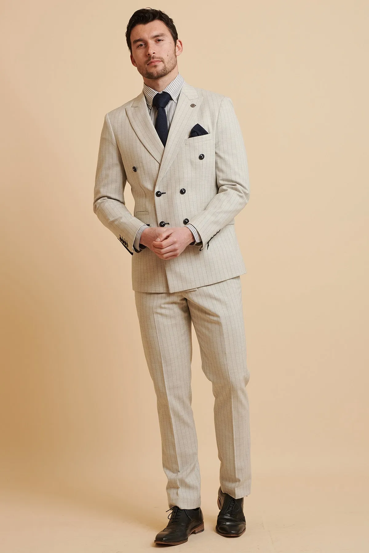 JLS Singer & Presenter JB Gill In GRANT Stone Pinstripe Double Breasted Suit sold by Marc Darcy product image thumbnail 3
