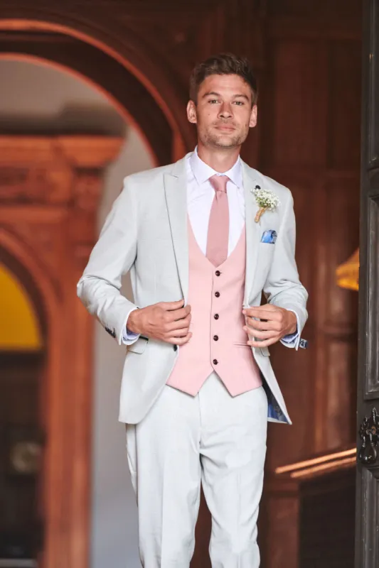 BROMLEY - Stone Check Suit with Kelvin Pink Waistcoat sold by Marc Darcy