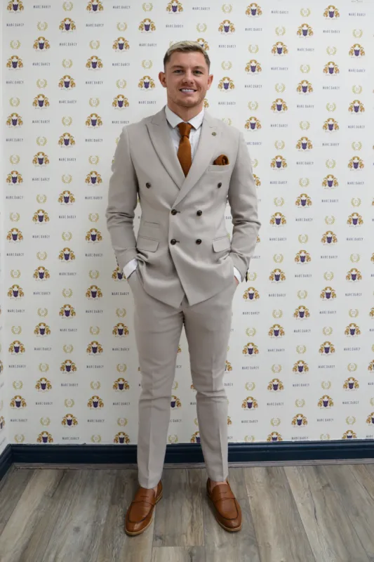 MK Dons Footballer Callum Hendry in HM5 Stone Double-Breasted Suit sold by Marc Darcy