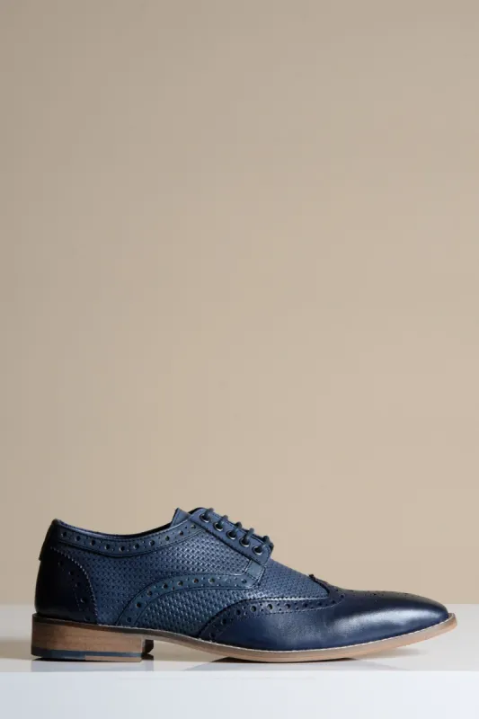 BRANDON - Navy Blue Leather Wingtip Brogue Shoe sold by Marc Darcy