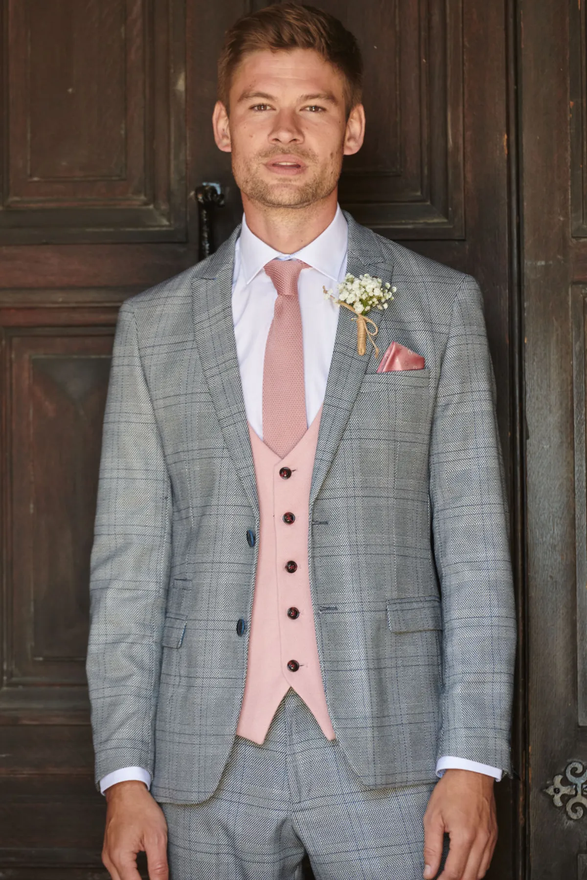 JERRY - Grey Check Suit With Kelvin Pink Waistcoat sold by Marc Darcy