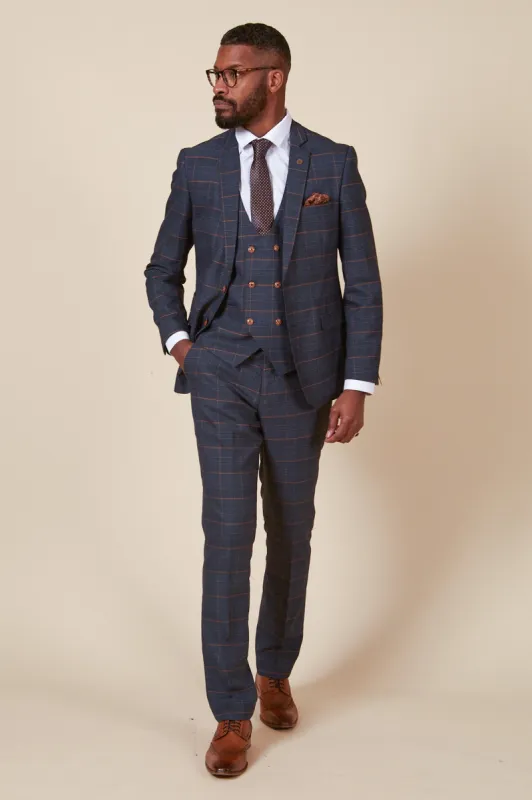 JENSON - Marine Navy Check Suit With Double Breasted Waistcoat sold by Marc Darcy