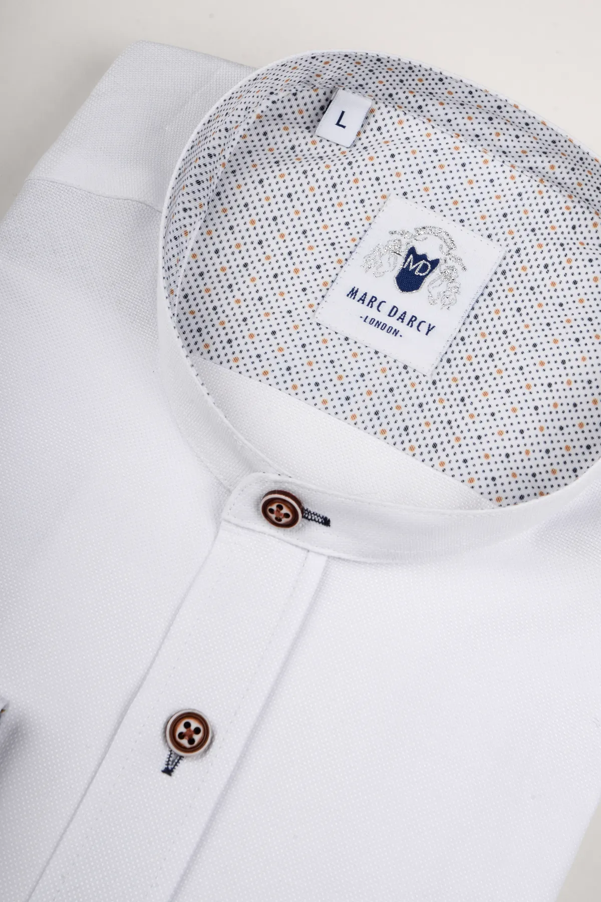 ARCHIE - White Grandad Collar Shirt With Tan Buttons sold by Marc Darcy product image thumbnail 2