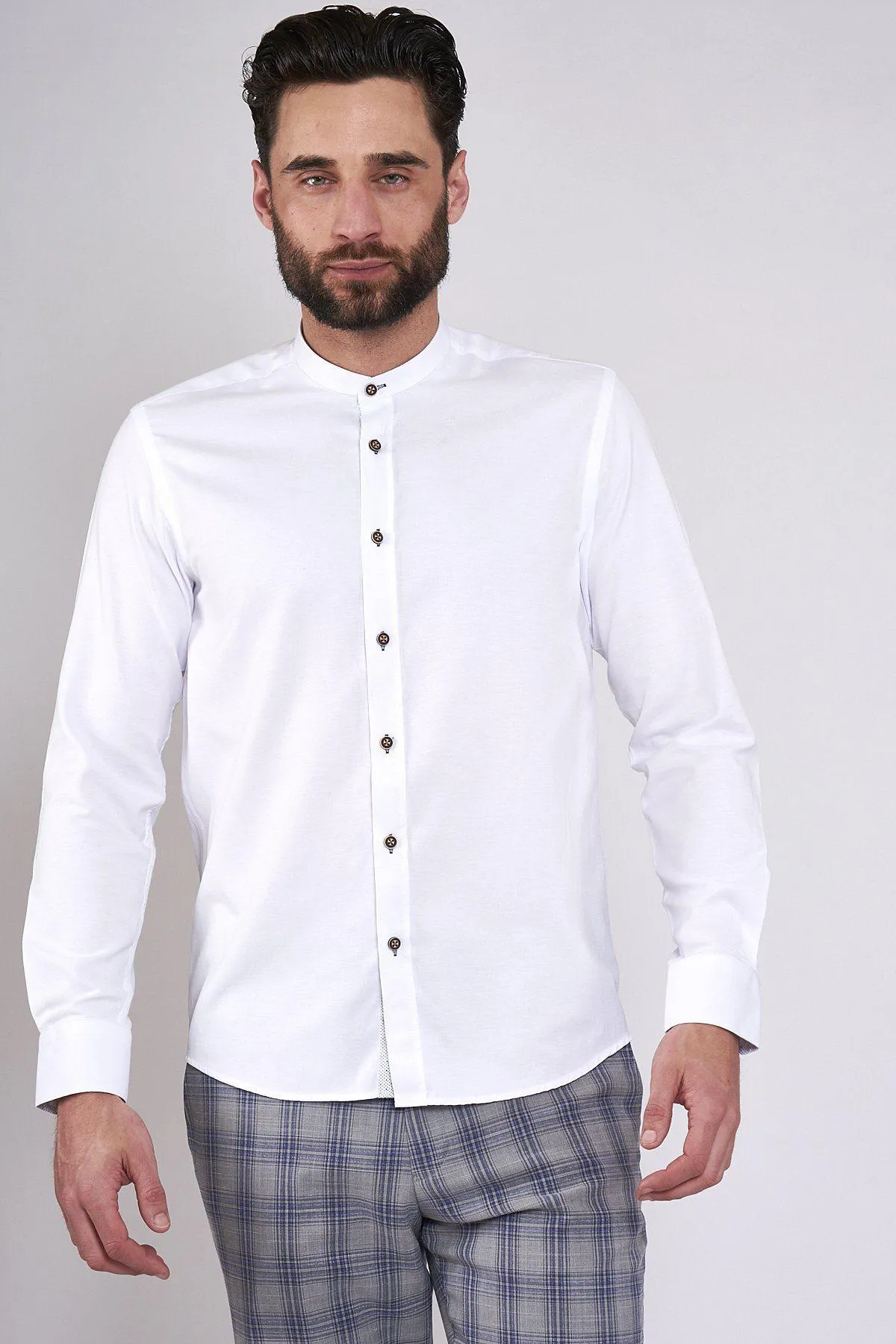 ARCHIE - White Grandad Collar Shirt With Tan Buttons sold by Marc Darcy product image thumbnail 3