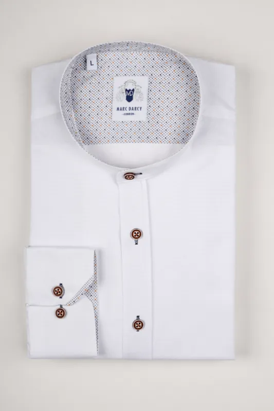 ARCHIE - White Grandad Collar Shirt With Tan Buttons made by Marc Darcy