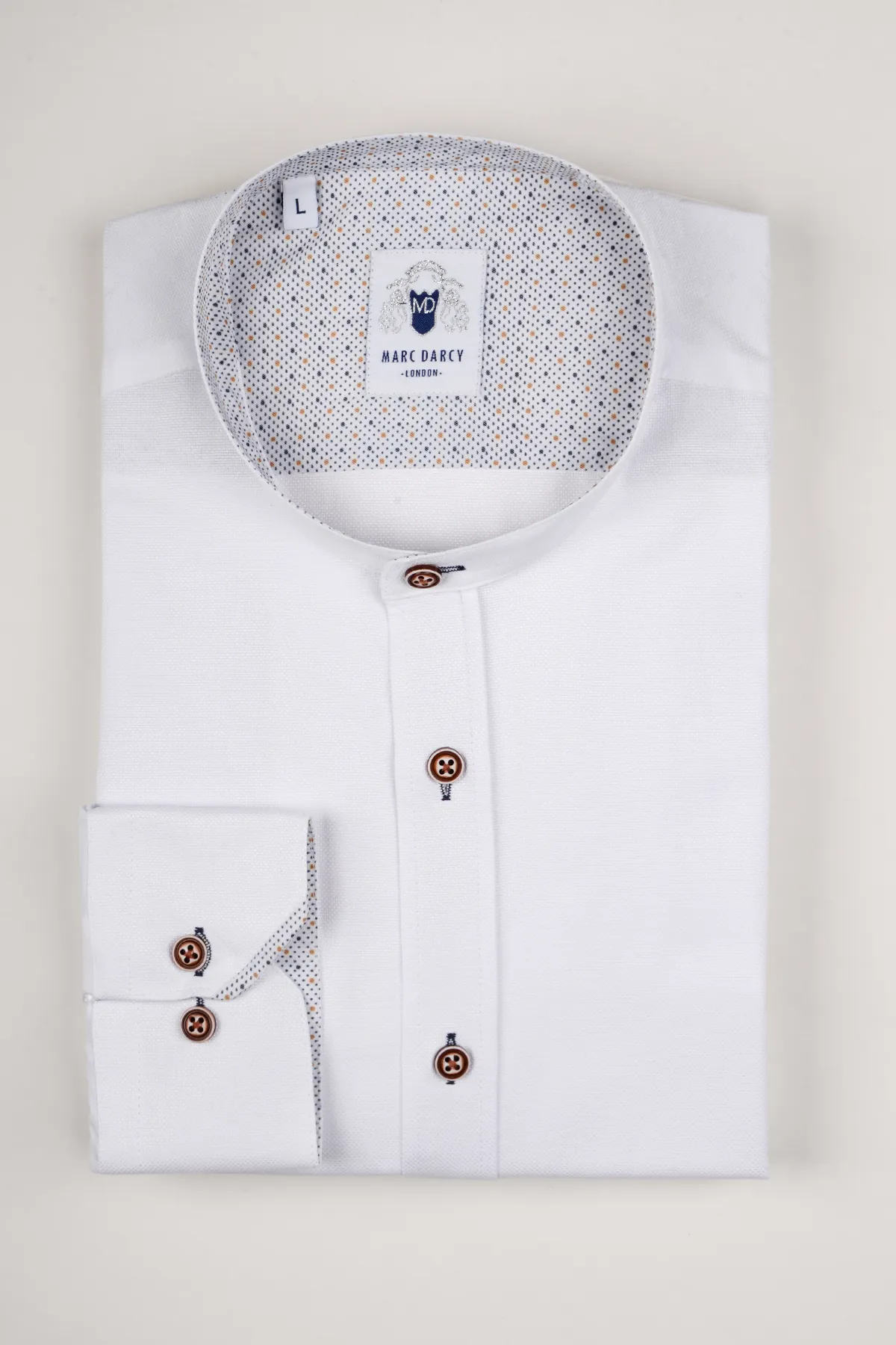 ARCHIE - White Grandad Collar Shirt With Tan Buttons sold by Marc Darcy
