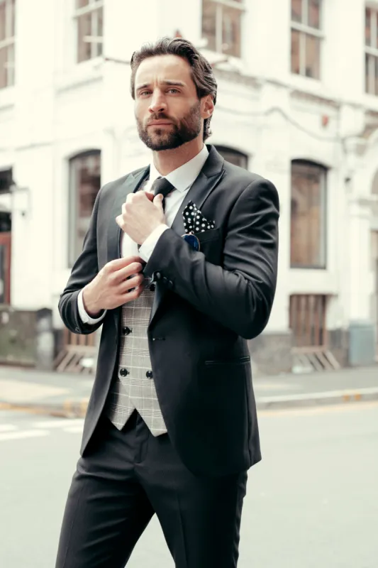 DALTON - Black Tux Lapel Suit With Ross Waistcoat sold by Marc Darcy