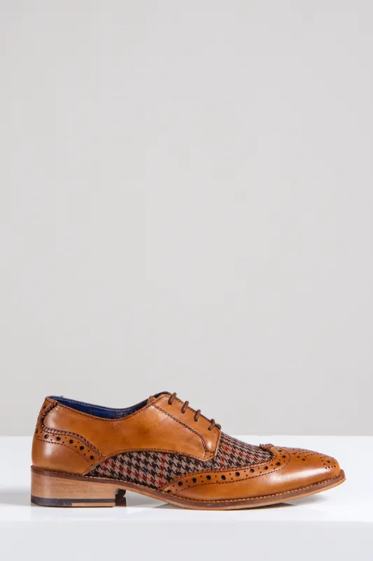 JACOB - Tan Leather Tweed Contrast Brogue Shoe sold by Marc Darcy