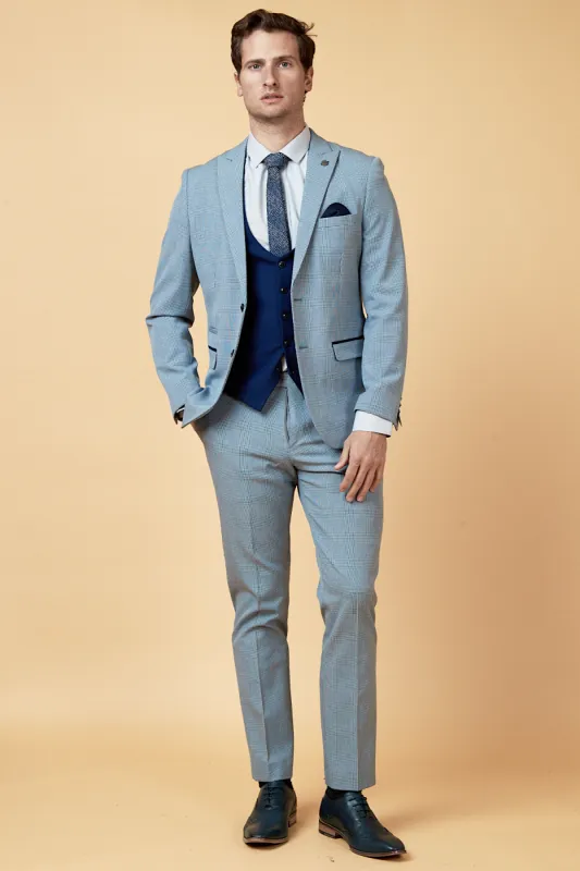 BROMLEY - Sky Check Suit with Kelvin Royal Waistcoat sold by Marc Darcy